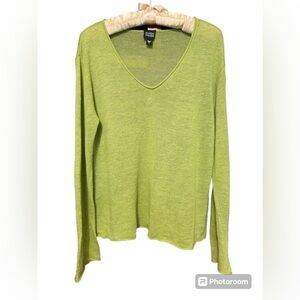 Eileen Fisher Lovely Lime Green V- Neck Sweater SZ S Rolled Hem Edge